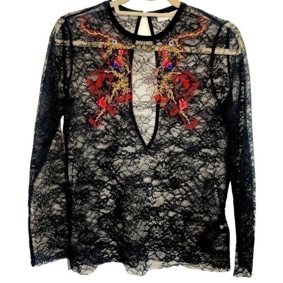 Sandro Tops - Sandro Paris Black Lace Long Sleeve Embroidered Tiger Size Small